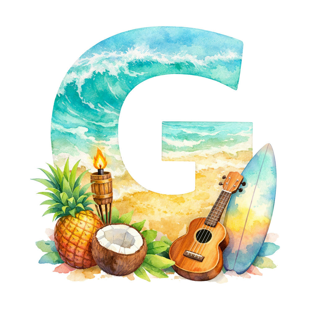 turquoise, ocean blue, sandy beige, tropical yellow, coral orange, cream white, beach waves, coastal, tropical, summer, pineapple, coconut, surfboard, ukulele, tiki torch, nautical, bohemian, whimsical, island vibes, vacation theme, resort wear, sandy beach, ocean waves, tropical fruit, musical instrument, surf culture, beach party, vacation mode, relaxation, paradise theme