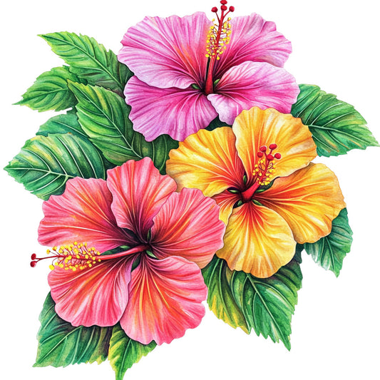 hibiscus flowers, tropical blooms, pink petals, coral pink, yellow orange, bright green leaves, botanical illustration, hawaiian floral, watercolor style, fabric panel, quilting cotton, tropical paradise, island flowers, summer vibes, vibrant colors, detailed stamens, lush foliage, exotic plants, floral motifs, bright botanicals