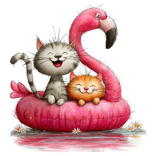 hot pink, coral pink, orange, gray, white, whimsical, playful, cute, cats, flamingo, animals, tropical, fun, cheerful, happy, children's, kids, baby, illustration, artistic, decorative, spring, summer, daisies, flowers, modern, contemporary, wall art, home decor, nursery