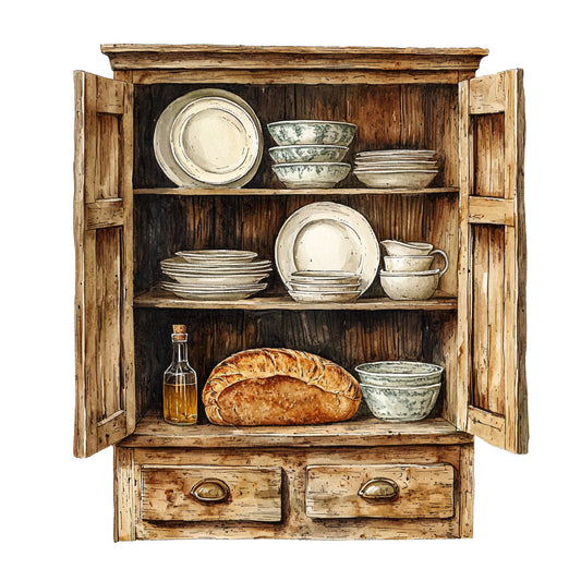 rustic cabinet, wooden cupboard, kitchen dishes, ceramic bowls, bread loaf, oil bottle, cream colored plates, sage green bowls, weathered wood, open shelving, country style, fabric panel, quilting cotton, farmhouse kitchen, vintage dinnerware, pantry scene, brown wood grain, antique finish, kitchen storage, cozy atmosphere