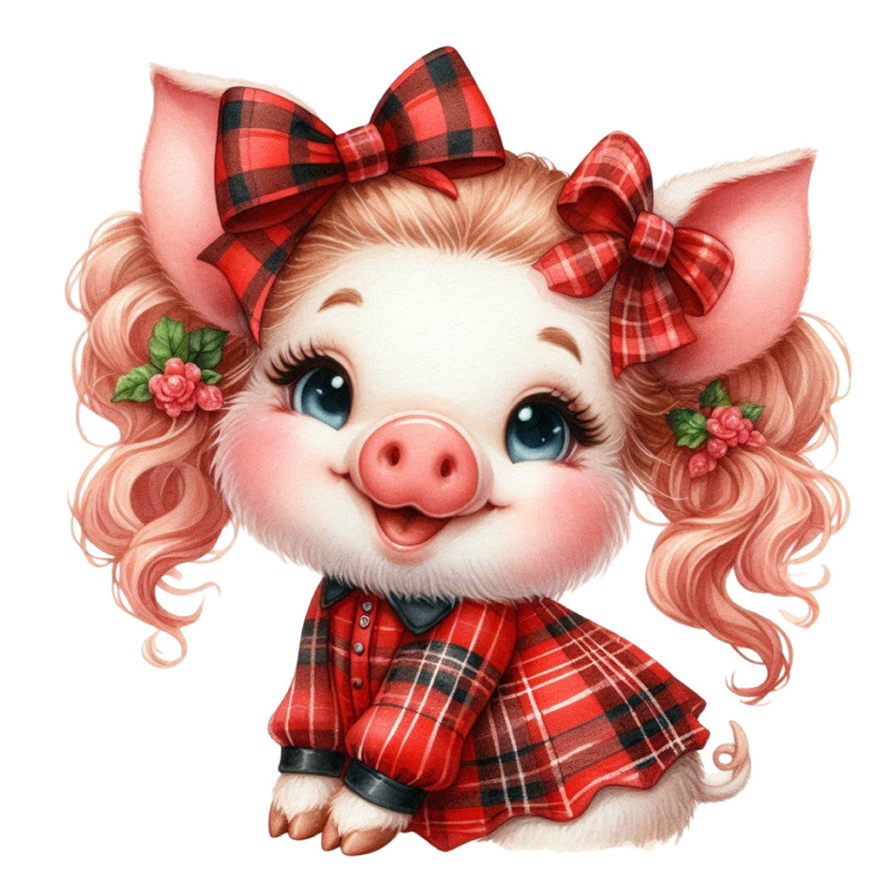 coral pink, red plaid, tartan, checkered, pig, animal, whimsical, cute, charming, vintage, farmhouse, pastoral, ribbon bows, curly hair, floral accents, roses, big eyes, sweet, playful, country, quilted, baby, children, nursery, spring, cheerful, folk art, illustration style, novelty print