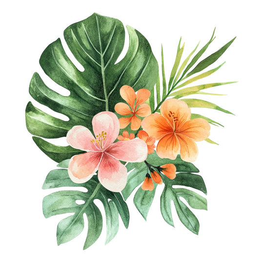 tropical floral, monstera leaf, coral pink, peach, orange, forest green, sage green, pale pink, watercolor flowers, botanical, nature, tropical, hibiscus, palm leaves, spring, summer, bohemian, whimsical, elegant, garden, blossom, leaf motifs, warm colors, soft colors, delicate florals, artistic, hand-painted style, peaceful, decorative, home décor