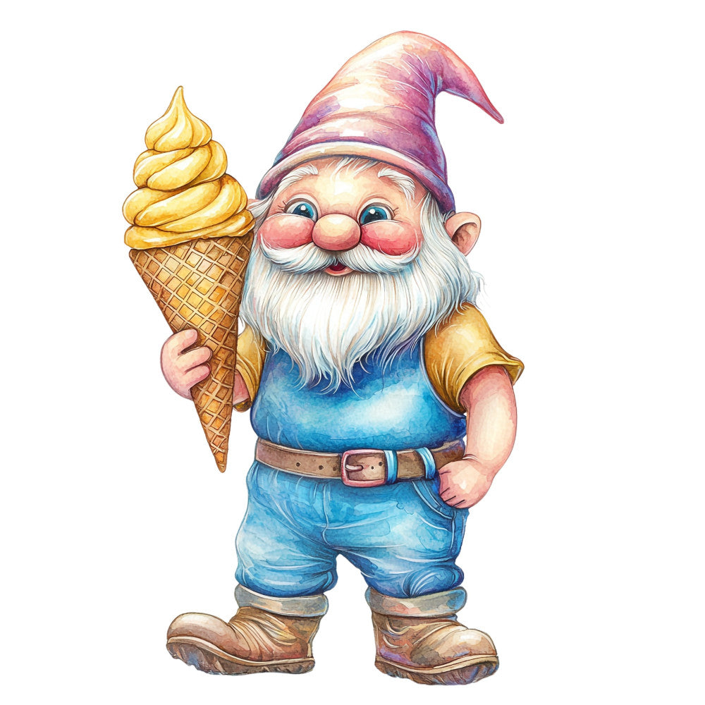 gnome, garden gnome, whimsical, ice cream cone, vanilla ice cream, golden yellow, purple hat, blue shirt, denim, rustic, charming, playful, fantasy, storybook, children's, whimsy, vintage style, folk art, garden themed, summer, cheerful, smile, magical, fairy tale, novelty print, character design, colorful, cottage core, cheerful gnome, kids fabric