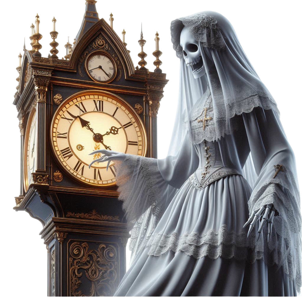 skeleton, gothic, vintage clock, steampunk, skull, grim reaper, death, dark academia, victorian, lace, bridal, wedding, gray, white, black, cream, ornate, architectural, spooky, halloween, elegant, dramatic, romantic, macabre, tim burton, whimsical dark, antique, veil, bride of death, celestial dark