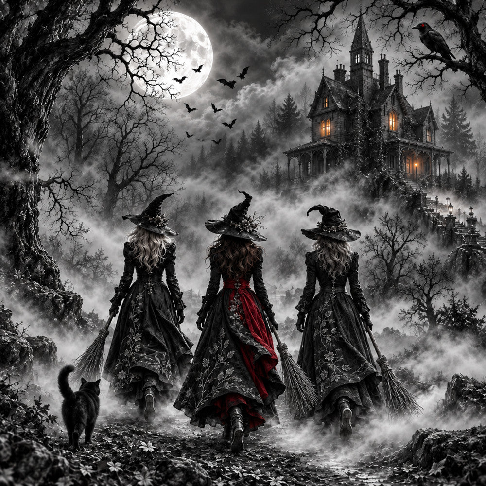 black, gray, charcoal, deep red, burgundy, gothic, witches, halloween, spooky, haunted house, moon, bats, dark fantasy, witchy aesthetic, celestial, magical, elegant, dramatic, mysterious, dark academia, autumn, fall, supernatural, enchanted, victorian, vintage gothic, ravens, black cats, misty, moody