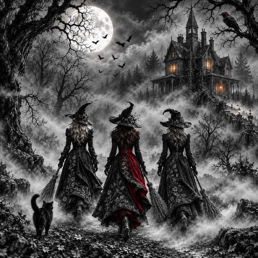 black, gray, charcoal, deep red, burgundy, gothic, witches, halloween, spooky, haunted house, moon, bats, dark fantasy, witchy aesthetic, celestial, magical, elegant, dramatic, mysterious, dark academia, autumn, fall, supernatural, enchanted, victorian, vintage gothic, ravens, black cats, misty, moody