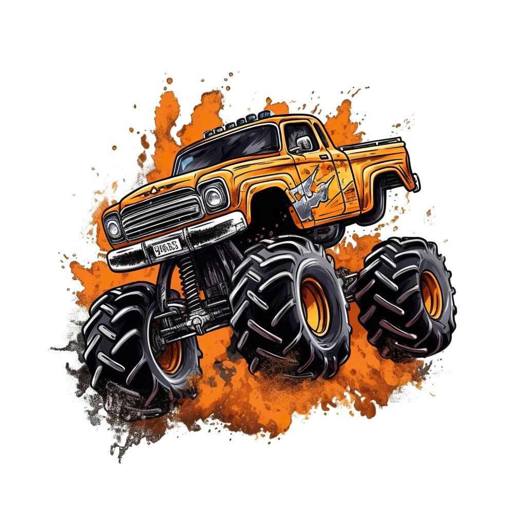 Monster Truck Crushes Fabric Panel 3 features a vibrant orange monster truck with large tires and dynamic splash background design.
