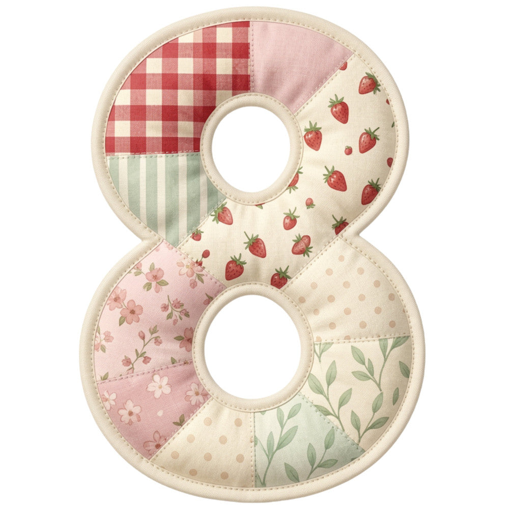 red gingham, cream, sage green, dusty rose, strawberry, floral, gingham check, striped, polka dot, vintage, farmhouse, cottage core, botanical, nature, spring, summer, patchwork, quilt panel, number eight, decorative number, strawberries, flowers, leaves, whimsical, traditional, classic, pastoral, country, rustic, garden theme