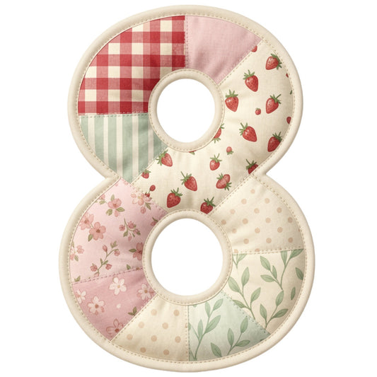 red gingham, cream, sage green, dusty rose, strawberry, floral, gingham check, striped, polka dot, vintage, farmhouse, cottage core, botanical, nature, spring, summer, patchwork, quilt panel, number eight, decorative number, strawberries, flowers, leaves, whimsical, traditional, classic, pastoral, country, rustic, garden theme