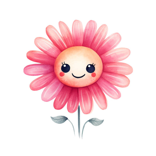 pink flower, coral petals, smiling face, cute character, kawaii style, cheerful expression, daisy design, floral motif, fabric panel, quilting cotton, nursery theme, children's fabric, soft pastels, whimsical art, happy mood, botanical illustration, craft material, sewing project, baby quilt, spring theme