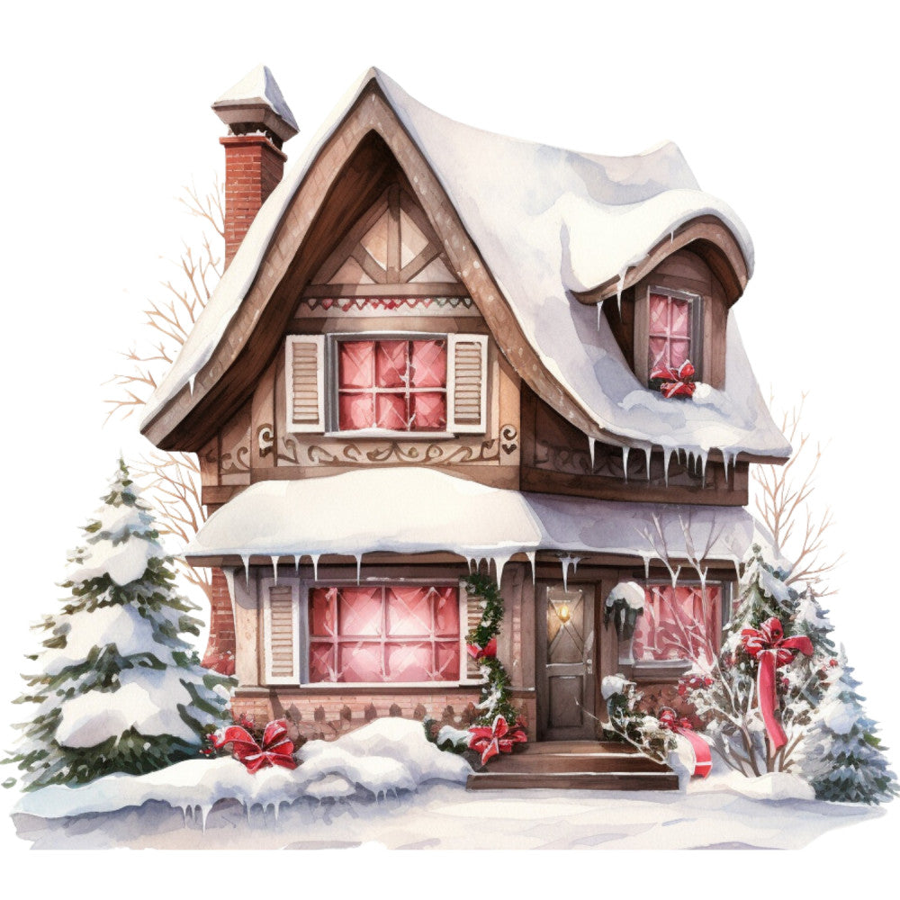 Watercolor Winter Houses Fabric Panel 29