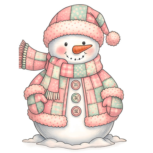 pink, mint green, coral, snowman, winter hat, striped scarf, mittens, patchwork pattern, polka dots, fabric panel, quilting cotton, christmas, holiday, whimsical, cute character, orange carrot nose, button details, winter scene, cheerful, pastel colors