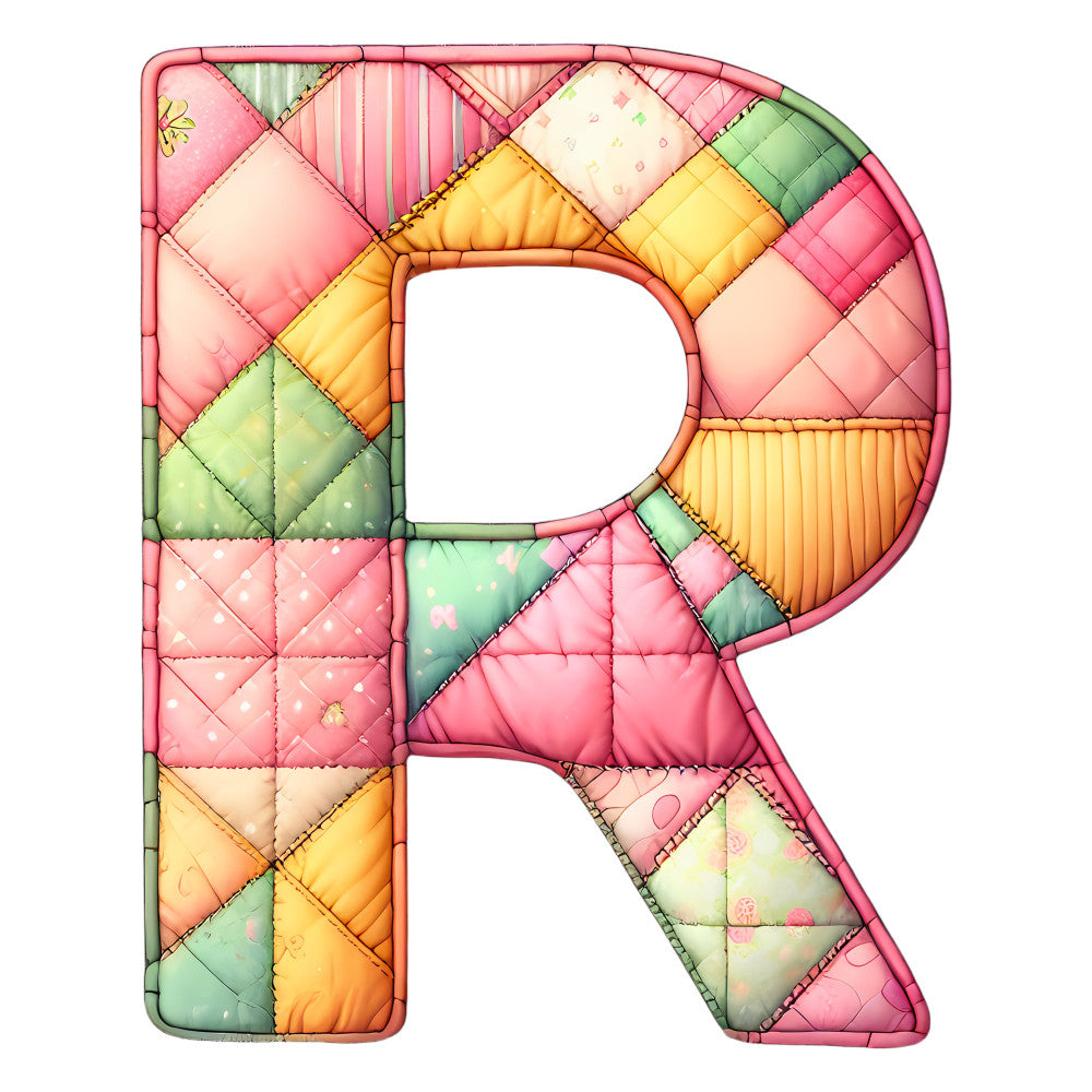 pastel pink, soft yellow, sage green, coral orange, quilted, patchwork, geometric, diamond pattern, striped, dotted, floral, whimsical, playful, letter r, alphabet, children's, baby, spring, soft colors, blender fabric, multi-colored, cheerful, sweet, decorative, nursery, appliqué style, texture, dimensional, padded effect