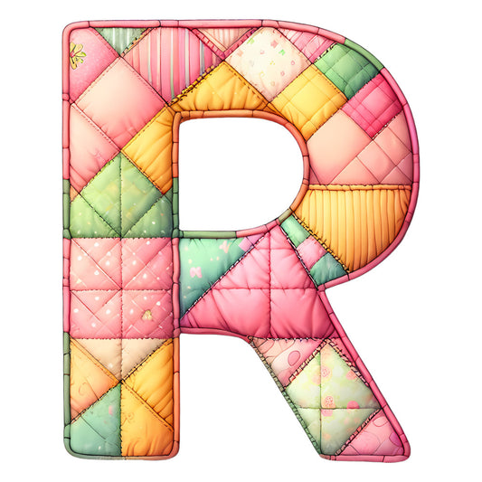 pastel pink, soft yellow, sage green, coral orange, quilted, patchwork, geometric, diamond pattern, striped, dotted, floral, whimsical, playful, letter r, alphabet, children's, baby, spring, soft colors, blender fabric, multi-colored, cheerful, sweet, decorative, nursery, appliqué style, texture, dimensional, padded effect