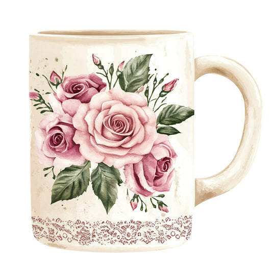 dusty rose, mauve, blush pink, deep pink, sage green, cream, vintage floral, romantic roses, botanical, nature-inspired, elegant, traditional, shabby chic, cottage core, garden theme, spring, summer, lace trim, rose bouquet, pink roses, mauve roses, green leaves, delicate flowers, buds, vintage style, feminine, romantic style, timeless, classic design, decorative trim