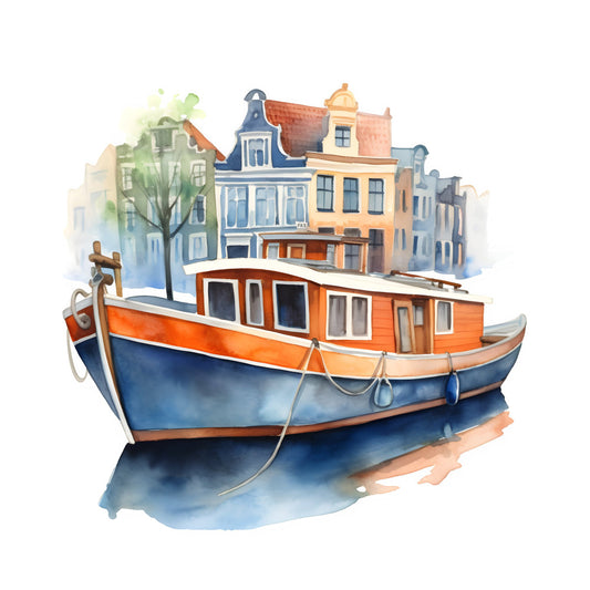 nautical, sailboat, boat, watercolor, watercolor illustration, coastal, dutch architecture, european buildings, canal houses, orange, navy blue, cream, golden yellow, soft blue, muted colors, whimsical, artistic, vintage, travel themed, European inspired, scenic, landscape, architecture, charming, storybook, children's fabric, adventure, exploration, tranquil, peaceful