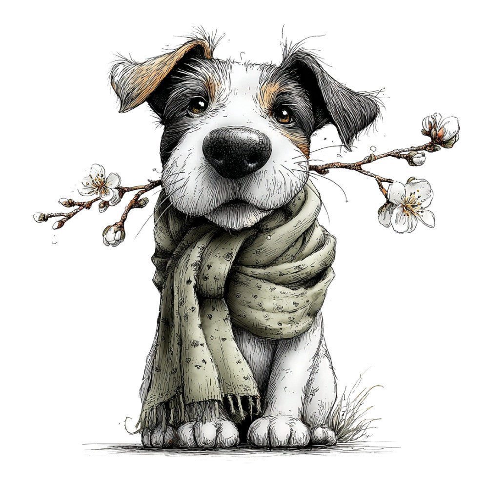 black and white dog, tan and cream, nature, animals, dog portrait, spring florals, cherry blossoms, whimsical, illustrative, botanical, cute dog, sweet dog, children's, storybook, gentle, soft, vintage illustration, character panel, decorative dog, pet themed, floral branches, flowering branches, springtime, charming, artistic, line art style, dressed up dog, dog with scarf