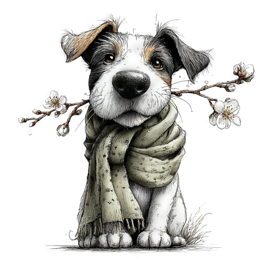 black and white dog, tan and cream, nature, animals, dog portrait, spring florals, cherry blossoms, whimsical, illustrative, botanical, cute dog, sweet dog, children's, storybook, gentle, soft, vintage illustration, character panel, decorative dog, pet themed, floral branches, flowering branches, springtime, charming, artistic, line art style, dressed up dog, dog with scarf