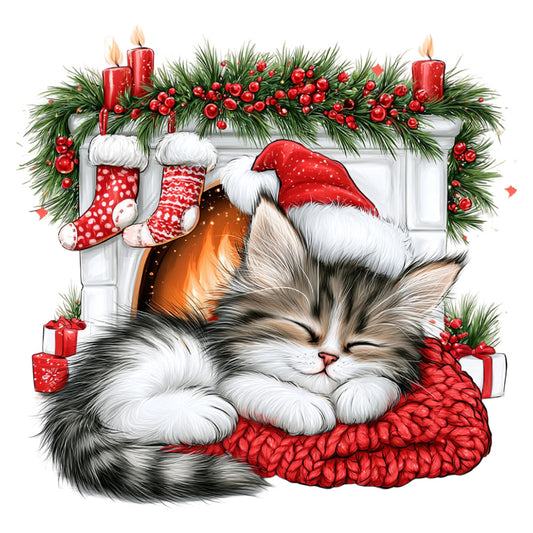 christmas, holiday, cat, kitten, santa hat, red, white, cream, forest green, evergreen, festive, whimsical, cute, cozy, fireplace, stockings, candles, berries, gifts, presents, winter, seasonal, animals, pet lover, traditional, warm, cheerful, decorative, hearth