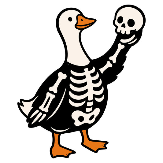 skeleton duck, halloween, spooky, black and cream, orange, cream, bone white, gothic, whimsical, funny animals, novelty, holiday, fall, autumn, birds, waterfowl, ducks, skull motif, x-ray style, skeleton bones, ribcage, humorous, quirky, vintage, dark humor, costume, trick or treat, seasonal, animal print, contemporary
