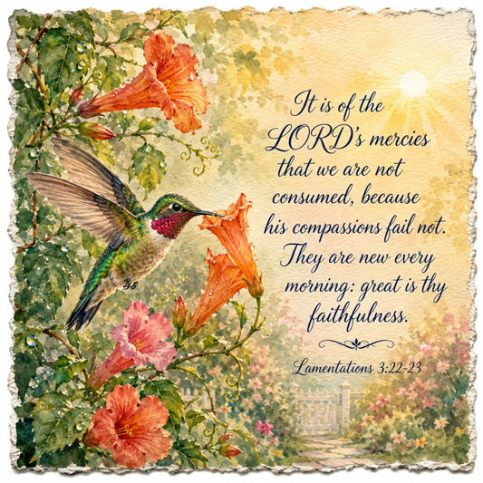 hummingbird, floral, nature, inspirational, scripture, religious, garden, flowers, coral orange, sage green, dusty pink, cream, yellow, botanical, vintage, elegant, traditional, spring, summer, birds, trumpet flowers, climbing vines, peaceful, spiritual, faith, encouragement, decorative panel, wall art, home decor, whimsical