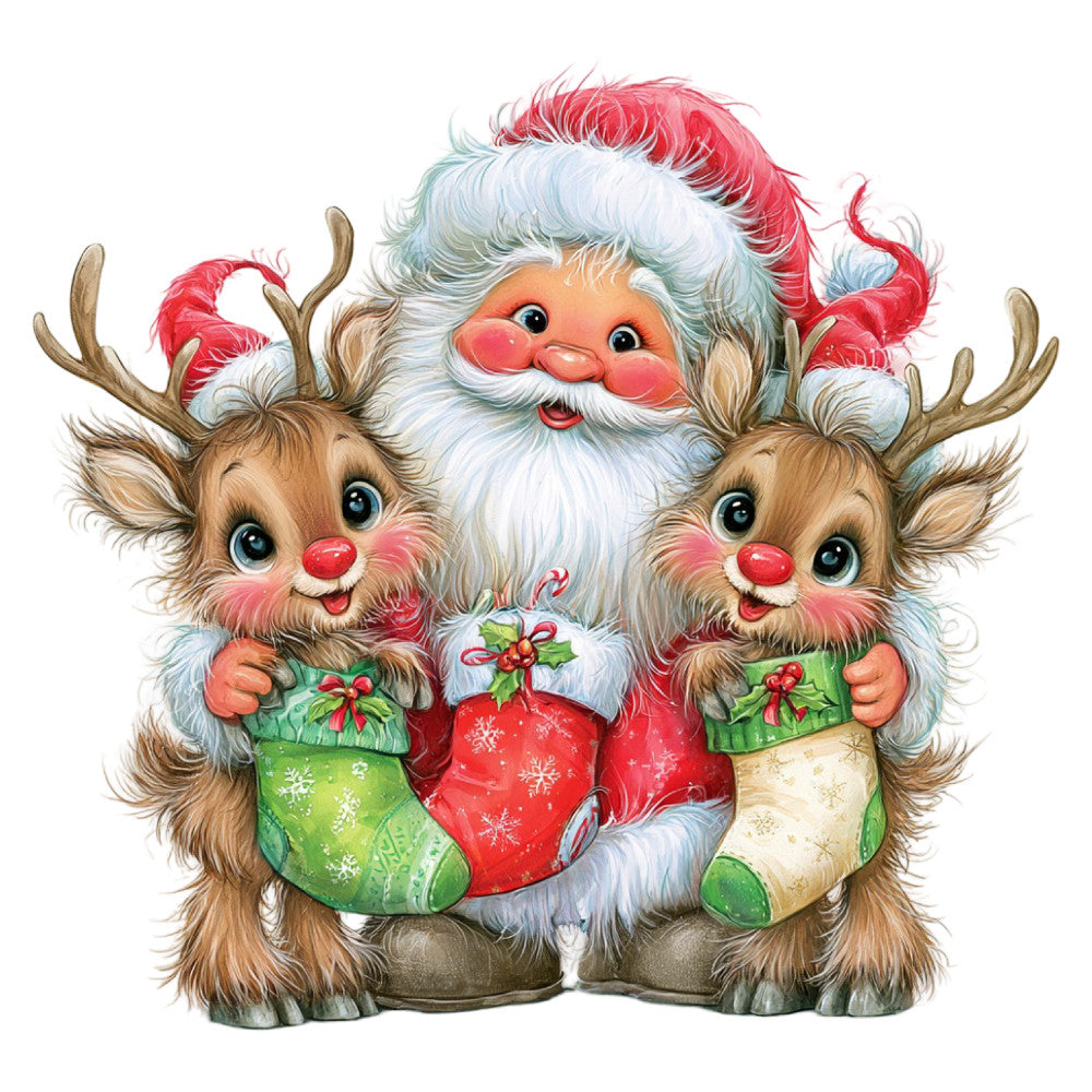 santa claus, reindeer, christmas, holiday, festive, red, green, white, cream, tan, brown, whimsical, cute, charming, retro, vintage, nostalgic, children's, kids, stocking, winter, jolly, traditional, decorative, panel design, cheerful, heartwarming, seasonal, gift giving