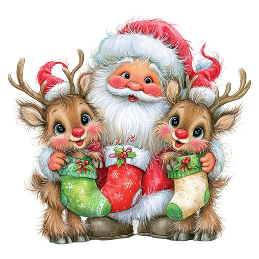 santa claus, reindeer, christmas, holiday, festive, red, green, white, cream, tan, brown, whimsical, cute, charming, retro, vintage, nostalgic, children's, kids, stocking, winter, jolly, traditional, decorative, panel design, cheerful, heartwarming, seasonal, gift giving