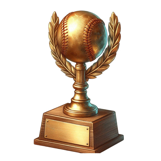 bronze, gold, copper, metallic gold, baseball, sports, trophy, award, laurel wreath, elegant, vintage, masculine, sports themed, achievement, victory, champion, baseball ball, stitched details, bronze metallic, wooden base, commemorative, classic, traditional, sports fan, baseball enthusiast