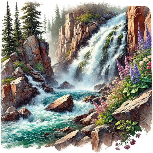 waterfall, rocky cliffs, turquoise water, purple wildflowers, evergreen trees, mountain landscape, nature scene, fabric panel, quilting cotton, realistic artwork, cascading water, stone formations, alpine flowers, forest setting, outdoor adventure, wilderness theme, detailed illustration, natural colors, scenic vista, rushing stream