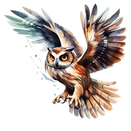 watercolor owl, flying owl, brown tones, orange accents, teal highlights, cream colors, gray shades, spread wings, talons extended, fabric panel, quilting cotton, nature motif, bird artwork, artistic splashes, wildlife design, painterly style, earth tones, feather details, cotton fabric