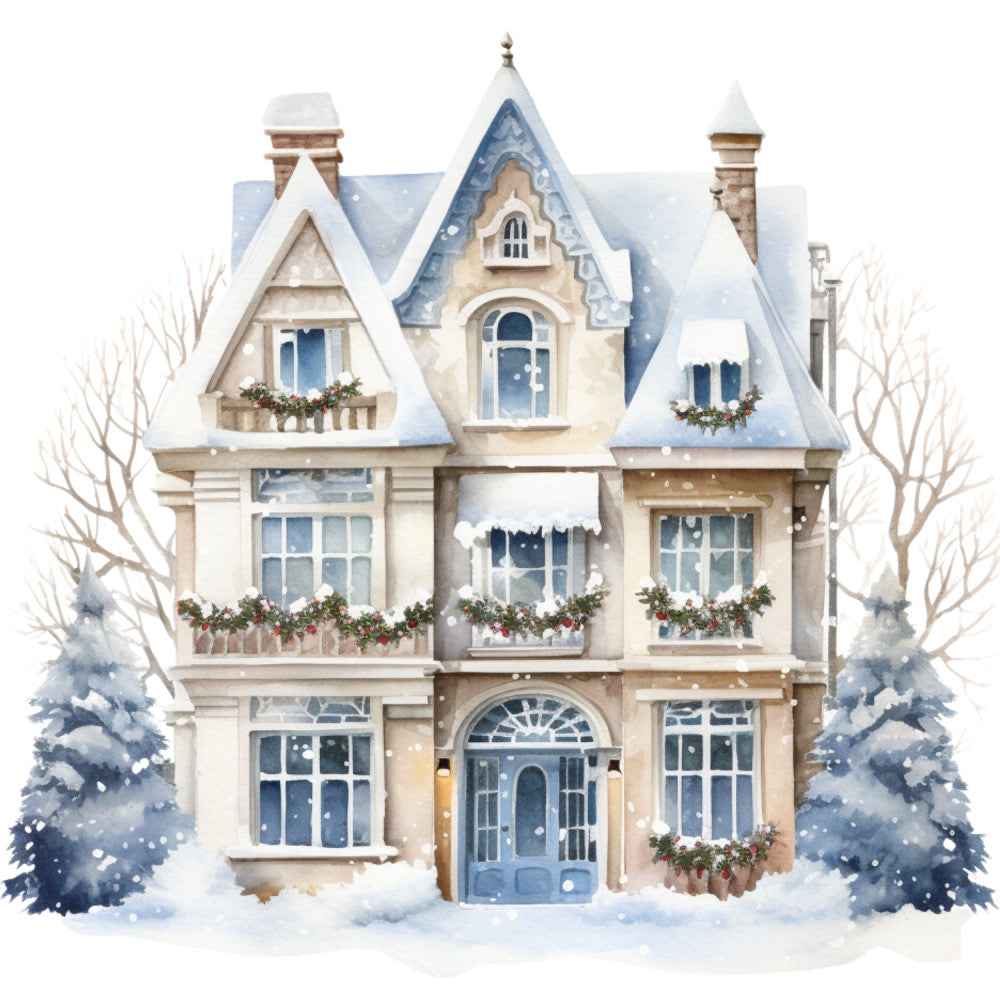 Watercolor Winter Houses Fabric Panel 42