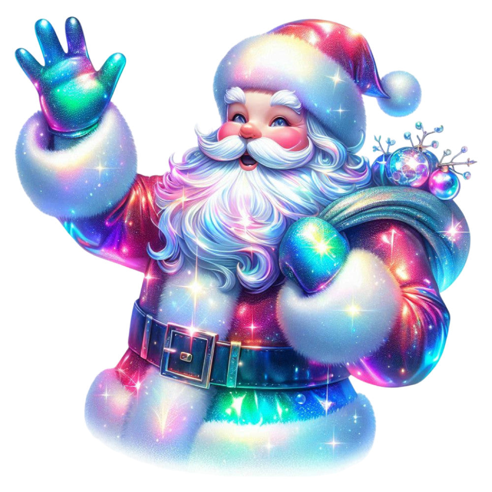 holographic santa, iridescent, neon rainbow, galaxy print, christmas, holiday, metallic, luminescent, festive, whimsical, magical, celestial, cosmic, vibrant multicolor, hot pink, electric blue, turquoise, purple, lime green, winter, jolly, glittery, sparkly, children's, nursery, novelty, fun, playful, modern, wall hanging