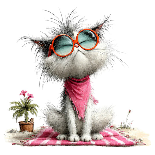 cat, orange sunglasses, teal blue lenses, fluffy cat, whimsical, playful, humorous, pink bandana, beach theme, tropical, palm tree, summer, sandy beach, cute animals, children's, retro, quirky, funky, artistic illustration, character design, novelty, decorative, wall hanging, cushion cover, apparel fabric, cotton print, vibrant colors, coral orange, magenta pink, white fur