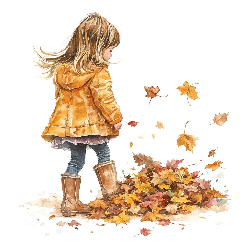 autumn, fall, child, children, girl, young girl, golden yellow, mustard yellow, burnt orange, rust, warm tones, earthy tones, nature, seasonal, whimsical, storybook, illustration, watercolor, leaves, maple leaves, falling leaves, boots, jacket, playful, nostalgic, vintage, sweet, innocent, autumn leaves, october