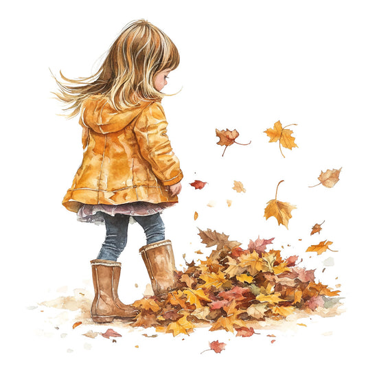 autumn, fall, child, children, girl, young girl, golden yellow, mustard yellow, burnt orange, rust, warm tones, earthy tones, nature, seasonal, whimsical, storybook, illustration, watercolor, leaves, maple leaves, falling leaves, boots, jacket, playful, nostalgic, vintage, sweet, innocent, autumn leaves, october