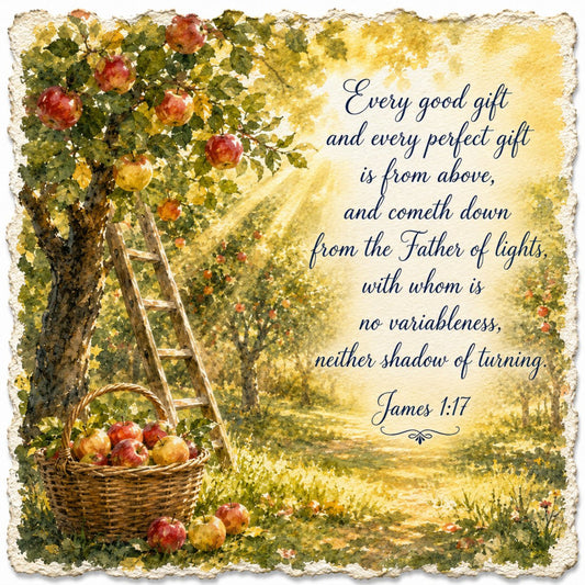 apple orchard, autumn, basket, cream, fabric panel, faith, garden, gold, golden yellow, green, harvest, inspirational, ladder, light green, nature, olive green, orchard, quote, red apples, religious, rustic, scripture, spiritual, traditional, vintage, warm colors, woodland, yellow