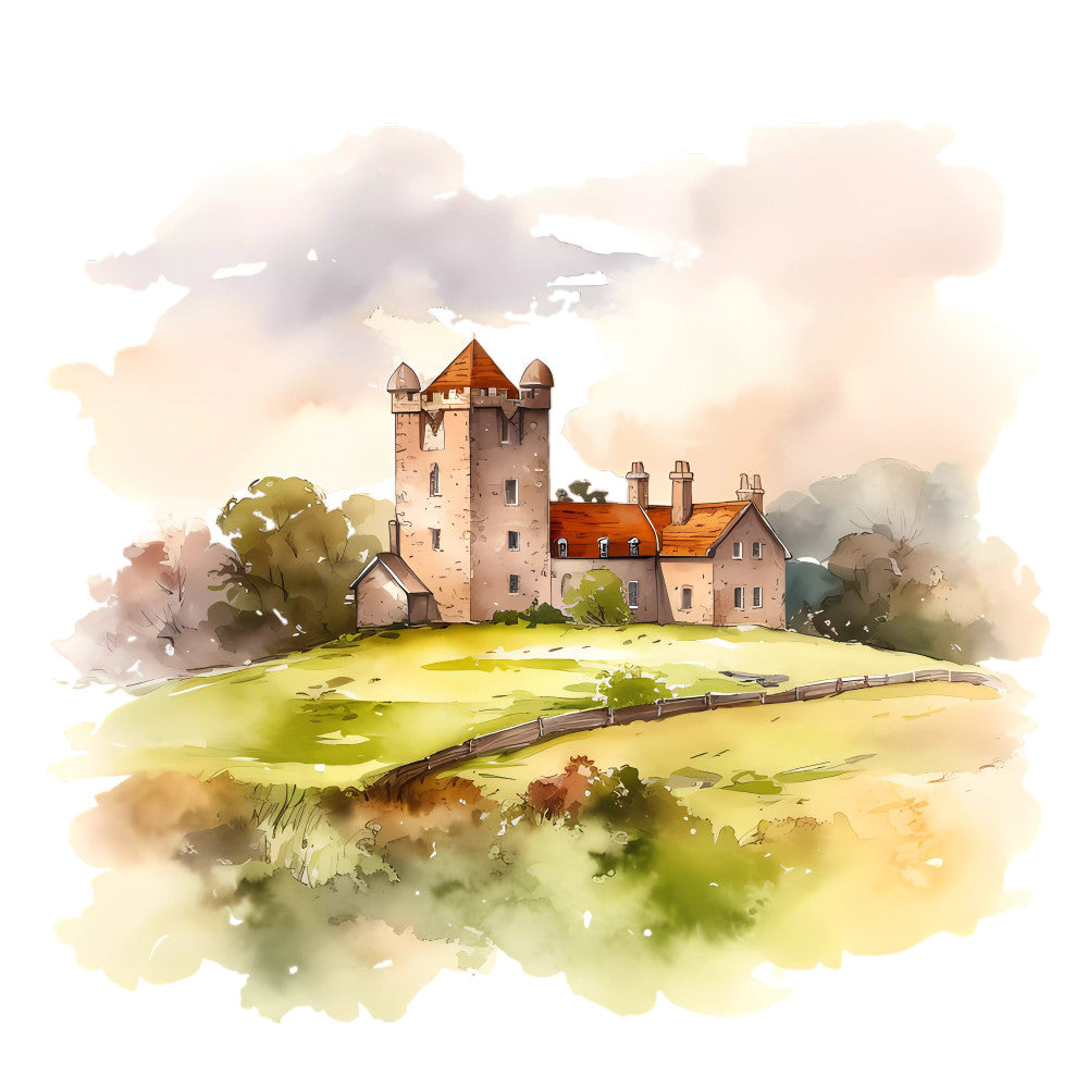 castle, medieval, stone tower, countryside, landscape, watercolor, romantic, european architecture, sage green, cream, golden yellow, tan, soft colors, pastoral, peaceful, storybook, fairy tale, whimsical, rustic, traditional, nature scene, trees, rolling hills, fence, cottage, elegant, vintage inspired, wall hanging, home decor