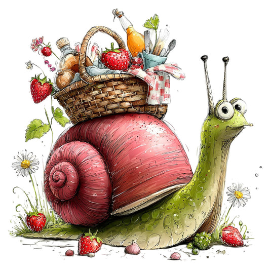 snail, strawberry, garden, whimsical, nature, animals, insects, daisies, flowers, basket, picnic, spring, summer, coral red, sage green, cream, yellow, rustic, charming, cottage core, woodland, fantasy, children's, illustration, novelty, storybook, vintage botanical, pastoral, playful, adorable