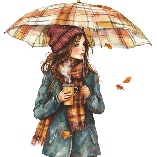 autumn, fall, plaid, tartan, cozy, warm tones, rust, burgundy, teal, forest green, cream, golden yellow, orange, leaves, falling leaves, girl, woman, portrait, hot beverage, coffee cup, tea, scarf, beanie, vintage, whimsical, nostalgic, seasonal, nature-inspired, rustic, cottage core
