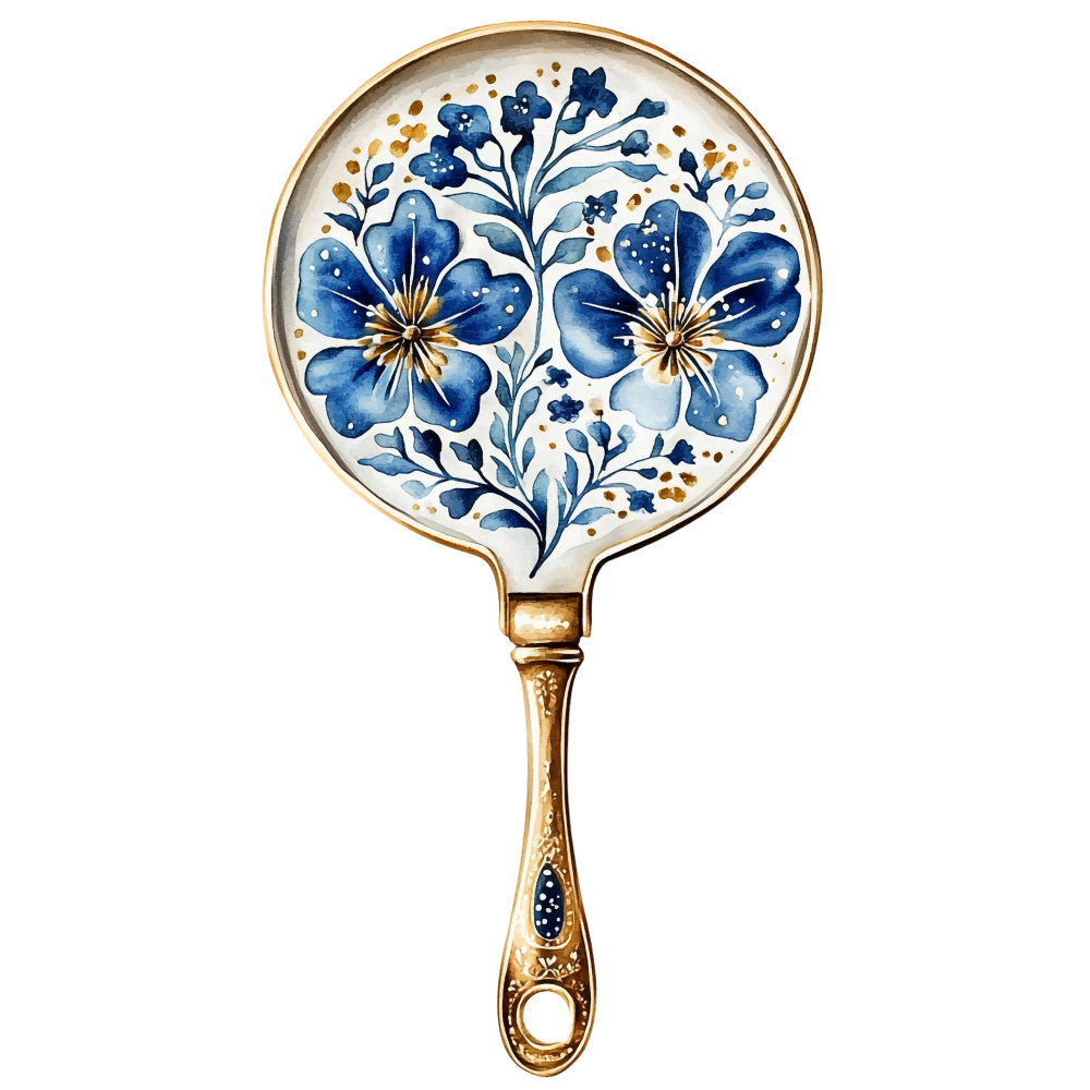 navy blue, cobalt blue, gold, cream, white, floral, botanical, vintage, elegant, traditional, delicate flowers, blue flowers, ornamental, decorative hand mirror, spring, garden, nature-inspired, timeless, classic, intricate details, ornate, damask-inspired, detailed florals, blue and gold, whimsical, feminine, sophisticated, antique style