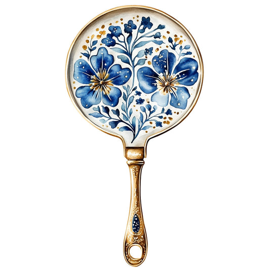 navy blue, cobalt blue, gold, cream, white, floral, botanical, vintage, elegant, traditional, delicate flowers, blue flowers, ornamental, decorative hand mirror, spring, garden, nature-inspired, timeless, classic, intricate details, ornate, damask-inspired, detailed florals, blue and gold, whimsical, feminine, sophisticated, antique style