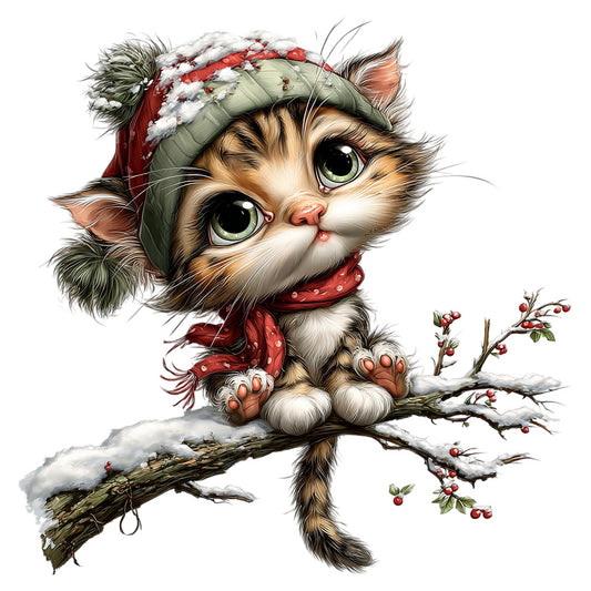 cat, kitten, christmas, holiday, winter, snow, snowy, festive, red, cream, tan, sage green, forest green, white, whimsical, cute, charming, playful, animals, nature, berries, branches, scarf, santa hat, seasonal, december, cozy, folk art, illustrated, woodland
