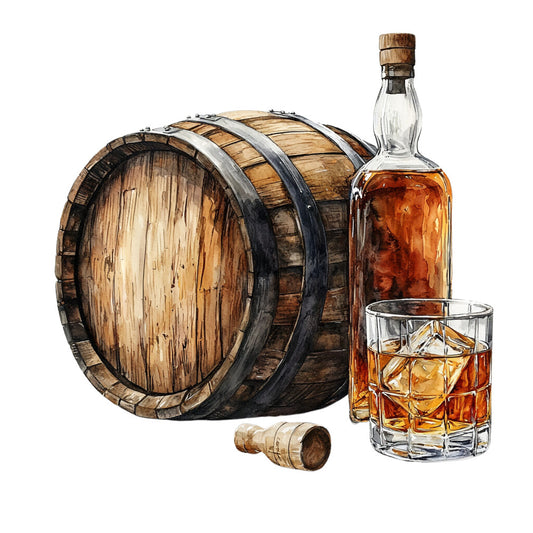amber, brown, whiskey barrel, bourbon bottle, crystal glass, wood grain, rustic, distillery, alcohol themed, oak barrel, golden liquid, cork stopper, geometric glass pattern, warm tones, vintage style, fabric panel, quilting cotton, masculine theme, bar scene, copper accents