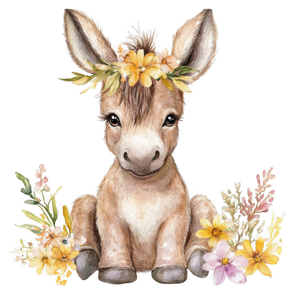 donkey, floral, animals, whimsical, sweet, cute, nursery, baby, spring, summer, yellow flowers, pink flowers, cream, tan, beige, brown, gold, soft colors, pastoral, farmhouse, nature, botanical, flower crown, daisy, wildflowers, children's, gentle, playful, rustic charm, woodland