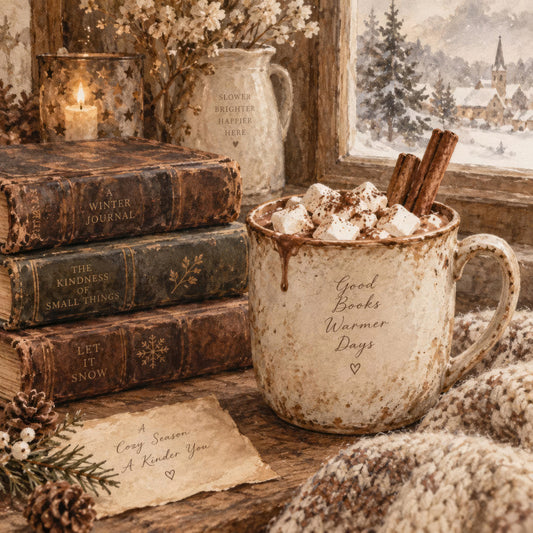 winter, cozy, books, hot chocolate, cream, beige, tan, brown, vintage, rustic, farmhouse, literary, seasonal, holiday, inspirational quotes, text, typography, warm tones, neutral palette, cottagecore, hygge, reading, snow scene, winter scene, nostalgia, traditional, elegant, nature themed, forest landscape, cinnamon sticks