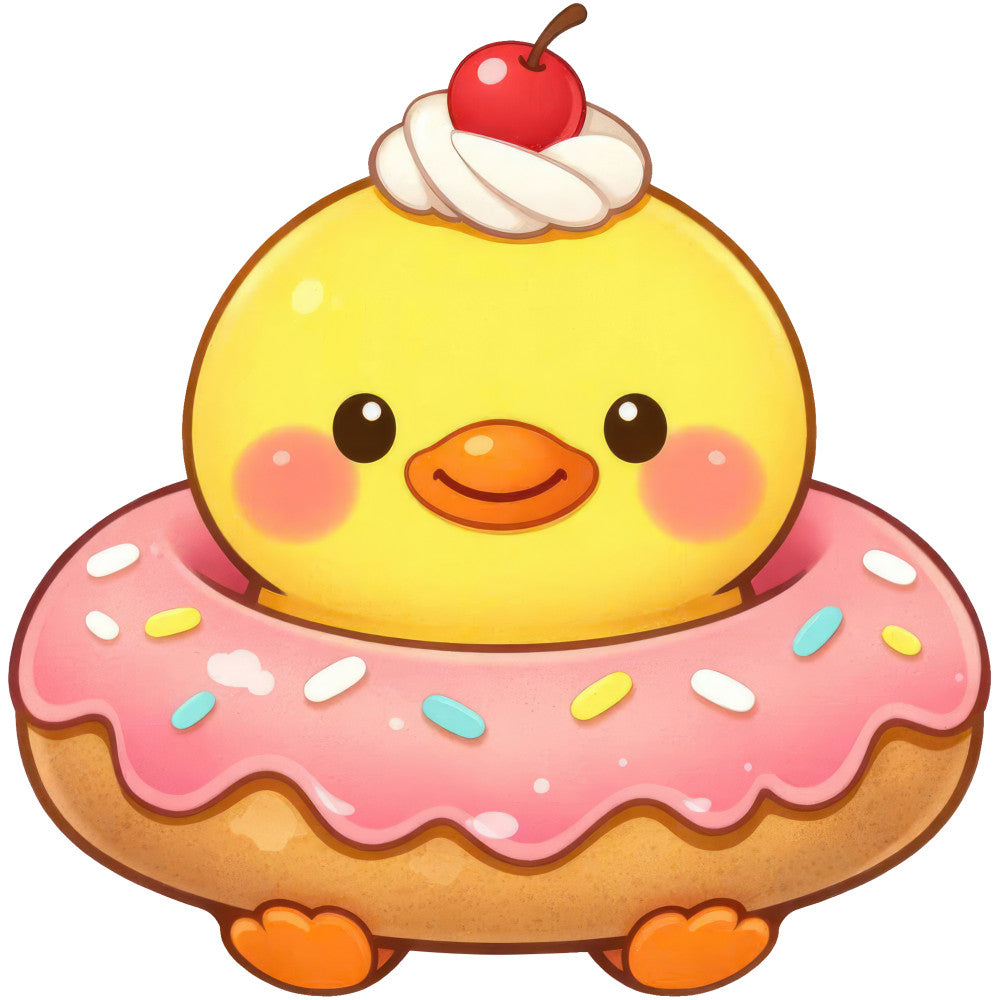 yellow chick, cute animals, whimsical, kawaii, cupcake, pastry, food themed, coral pink, white cream, pink frosting, brown, orange beak, feet, sprinkles, candy, dessert, playful, children's, baby, sweet treats, bright colors, cheerful, novelty, decorative, character fabric, applique, conversation print, fun, adorable