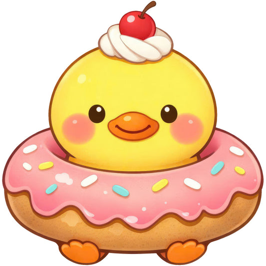 yellow chick, cute animals, whimsical, kawaii, cupcake, pastry, food themed, coral pink, white cream, pink frosting, brown, orange beak, feet, sprinkles, candy, dessert, playful, children's, baby, sweet treats, bright colors, cheerful, novelty, decorative, character fabric, applique, conversation print, fun, adorable