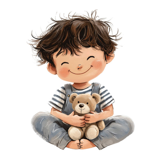 boy, child, children, cute, happy, innocent, playful, smiling, teddy bear, stuffed animal, striped shirt, navy stripes, gray pants, whimsical, sweet, nursery, baby, toddler, gender neutral, illustration, character, portrait, tender, loving, comfort, innocence, bedtime, lullaby, childhood, storybook