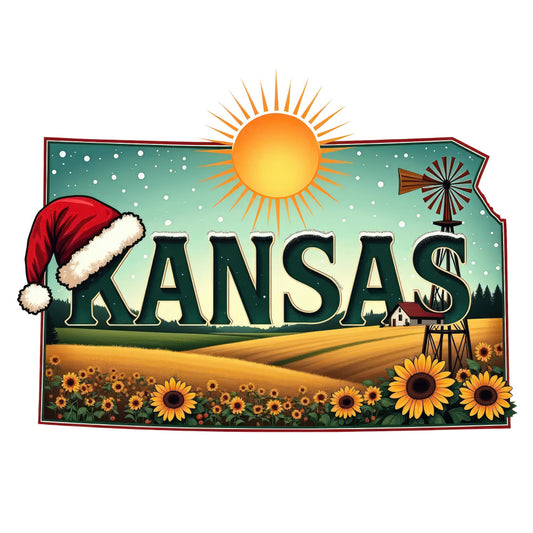 Christmas US States Fabric Panel 36 featuring Kansas with sunflowers, sunflower fields, a windmill, and a Santa hat on snow background