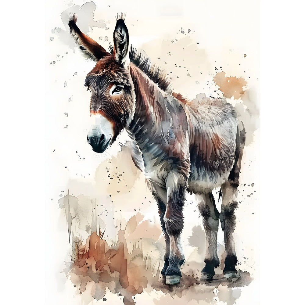 donkey, watercolor, farm animals, rustic, earthy tones, brown, tan, cream, gray, beige, splatter, ink wash, artistic, whimsical, nature, farmhouse, country style, livestock, portrait, animal illustration, muted colors, soft palette, vintage style, wall hanging, home decor, children's fabric, nursery, cottage core, neutral tones